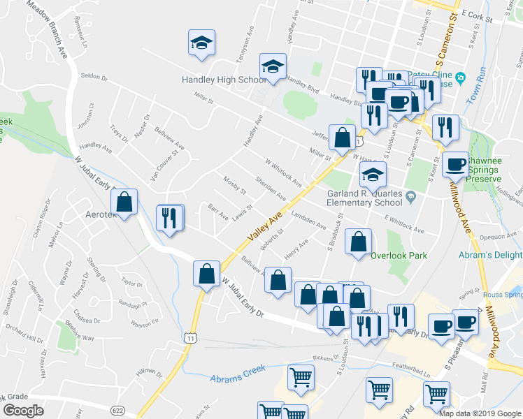 map of restaurants, bars, coffee shops, grocery stores, and more near 310 Mosby Street in Winchester