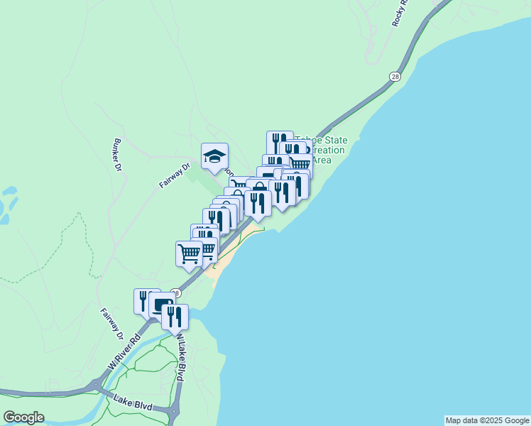 map of restaurants, bars, coffee shops, grocery stores, and more near 325 Rose Pine Court in Tahoe City