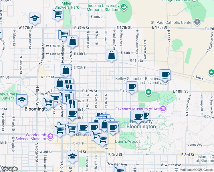 map of restaurants, bars, coffee shops, grocery stores, and more near 612 North Dunn Street in Bloomington