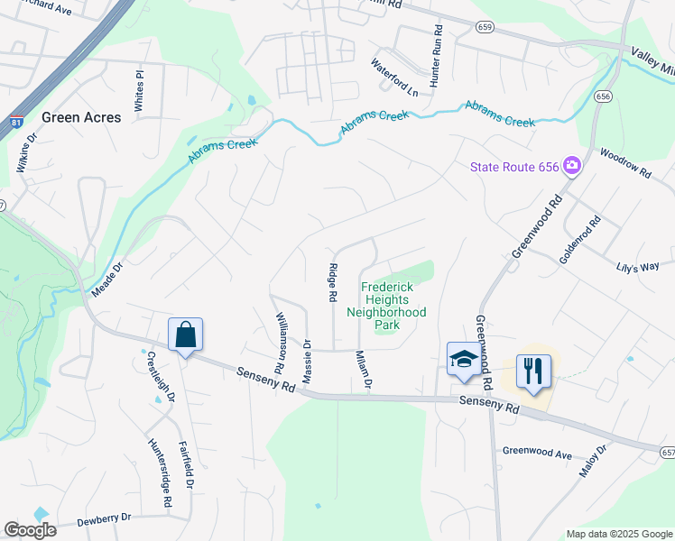 map of restaurants, bars, coffee shops, grocery stores, and more near 204 Ridge Road in Winchester