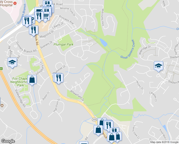map of restaurants, bars, coffee shops, grocery stores, and more near 19276 Wheatfield Terrace in Gaithersburg