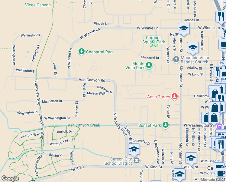 map of restaurants, bars, coffee shops, grocery stores, and more near 1710 Newman Place in Carson City