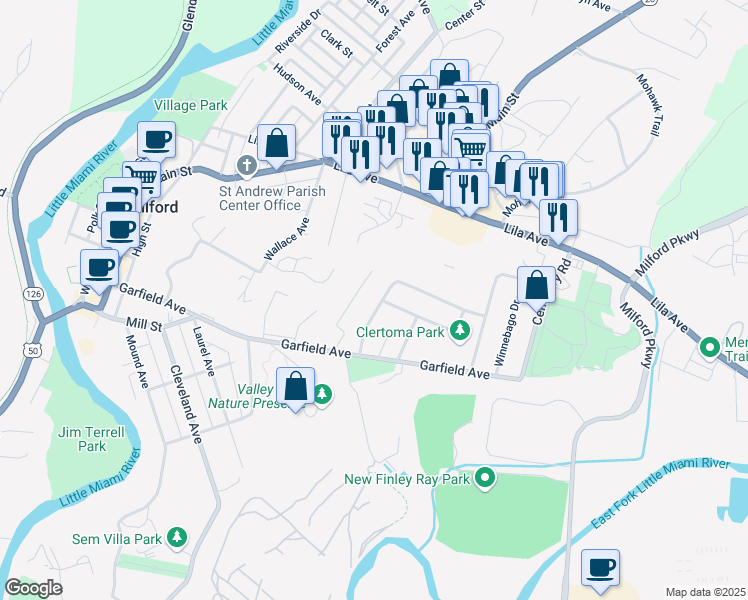 map of restaurants, bars, coffee shops, grocery stores, and more near 25 Clertoma Drive in Milford