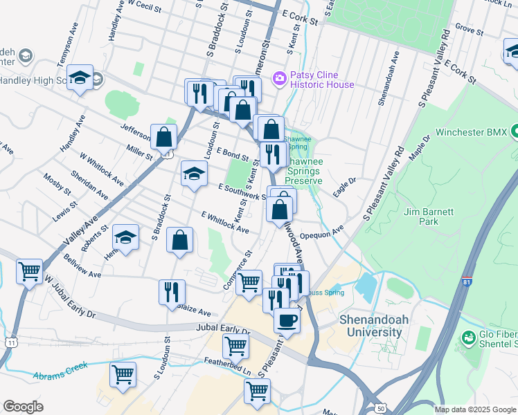 map of restaurants, bars, coffee shops, grocery stores, and more near 217 East Southwerk Street in Winchester