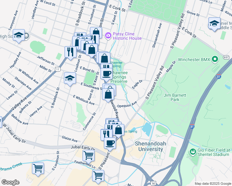 map of restaurants, bars, coffee shops, grocery stores, and more near 334 Millwood Avenue in Winchester