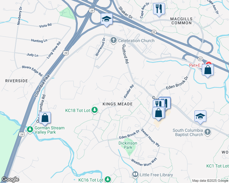 map of restaurants, bars, coffee shops, grocery stores, and more near 8401 Glade Court in Columbia