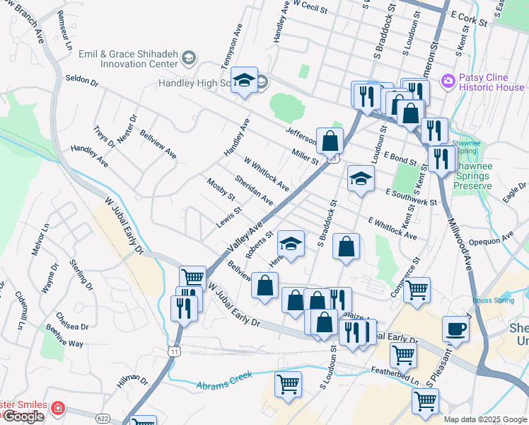 map of restaurants, bars, coffee shops, grocery stores, and more near 1603 Valley Avenue in Winchester