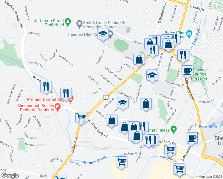 map of restaurants, bars, coffee shops, grocery stores, and more near 1603 Valley Avenue in Winchester