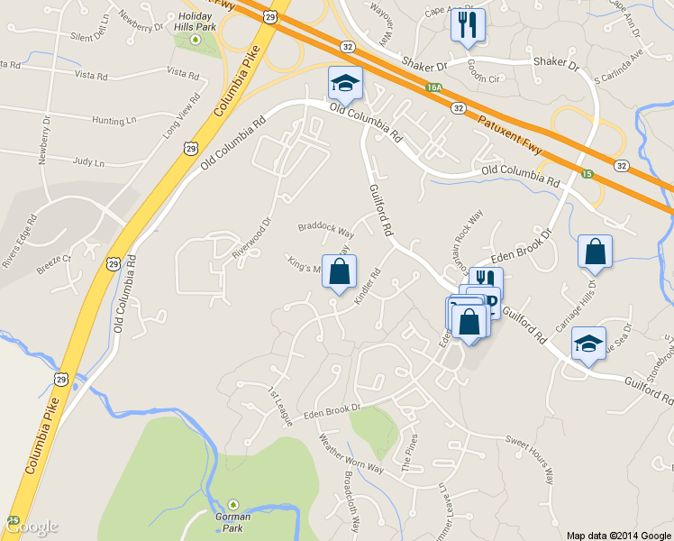 map of restaurants, bars, coffee shops, grocery stores, and more near 8401 Glade Court in Columbia