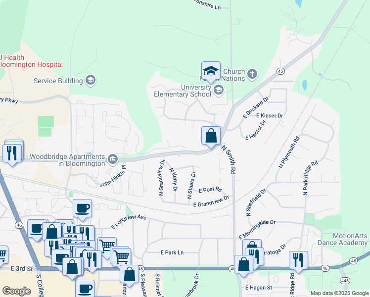 map of restaurants, bars, coffee shops, grocery stores, and more near 3841 East Barrington Drive in Bloomington