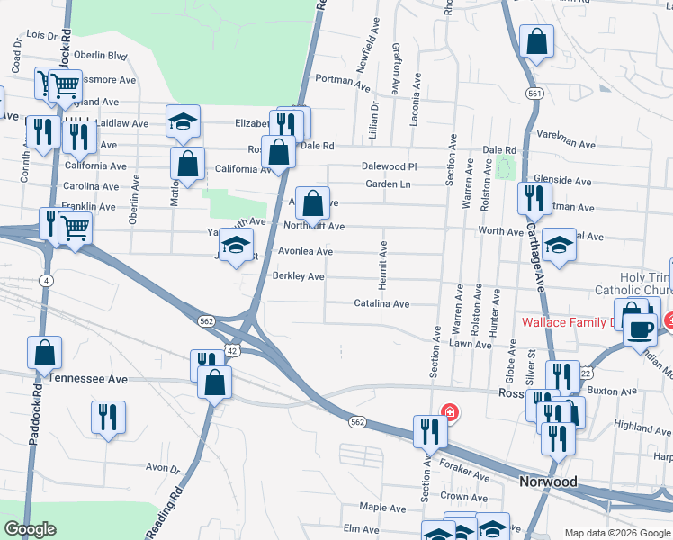 map of restaurants, bars, coffee shops, grocery stores, and more near 1760 Berkley Avenue in Cincinnati
