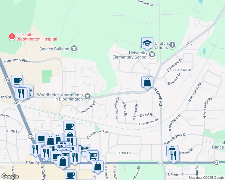 map of restaurants, bars, coffee shops, grocery stores, and more near 3821 Barrington Drive in Bloomington