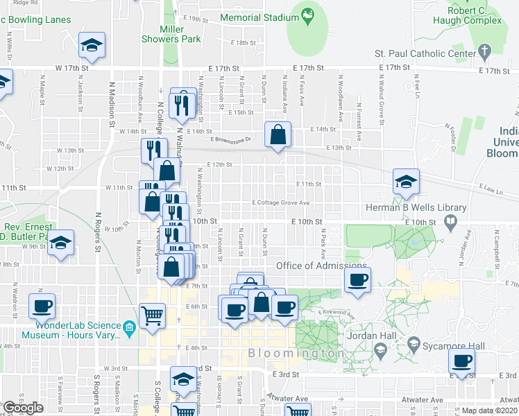 map of restaurants, bars, coffee shops, grocery stores, and more near 414 East Cottage Grove Avenue in Bloomington