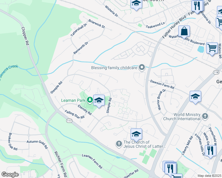 map of restaurants, bars, coffee shops, grocery stores, and more near 19175 Highstream Dr in Germantown