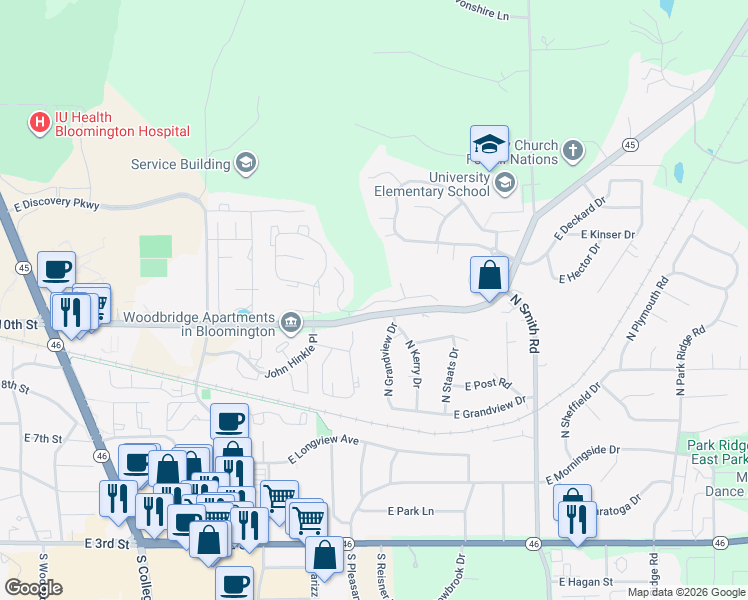 map of restaurants, bars, coffee shops, grocery stores, and more near 3821 Barrington Drive in Bloomington