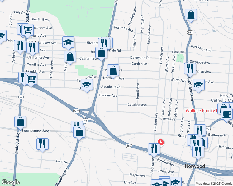 map of restaurants, bars, coffee shops, grocery stores, and more near 1760 Berkley Avenue in Cincinnati