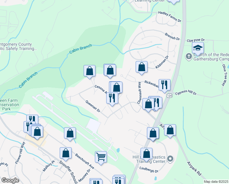map of restaurants, bars, coffee shops, grocery stores, and more near 7895 Cessna Avenue in Gaithersburg