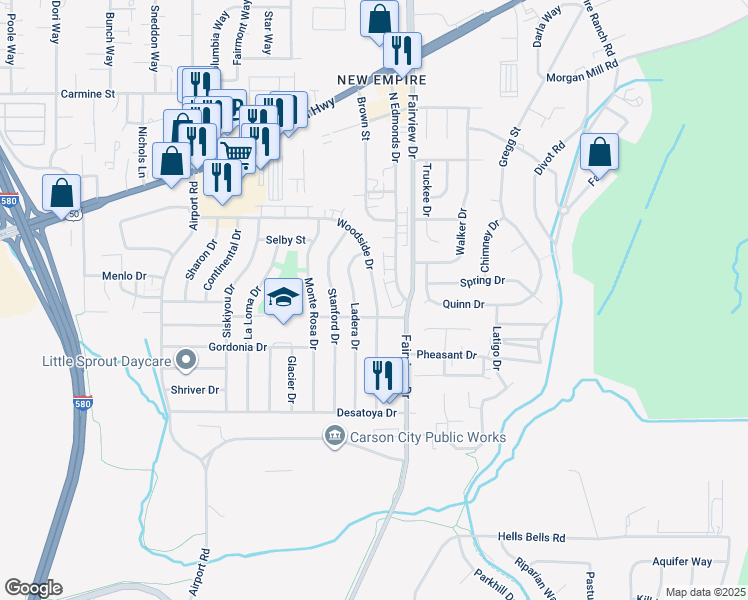map of restaurants, bars, coffee shops, grocery stores, and more near 3739 Woodside Drive in Carson City