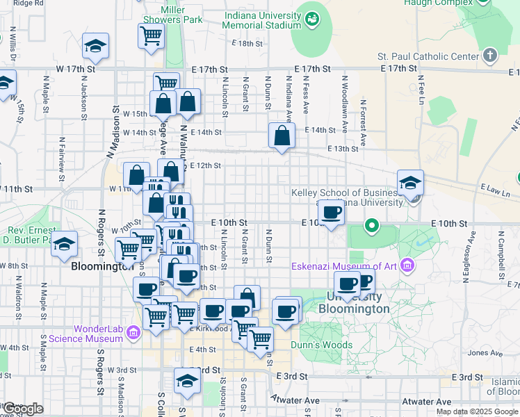 map of restaurants, bars, coffee shops, grocery stores, and more near 414 East Cottage Grove Avenue in Bloomington