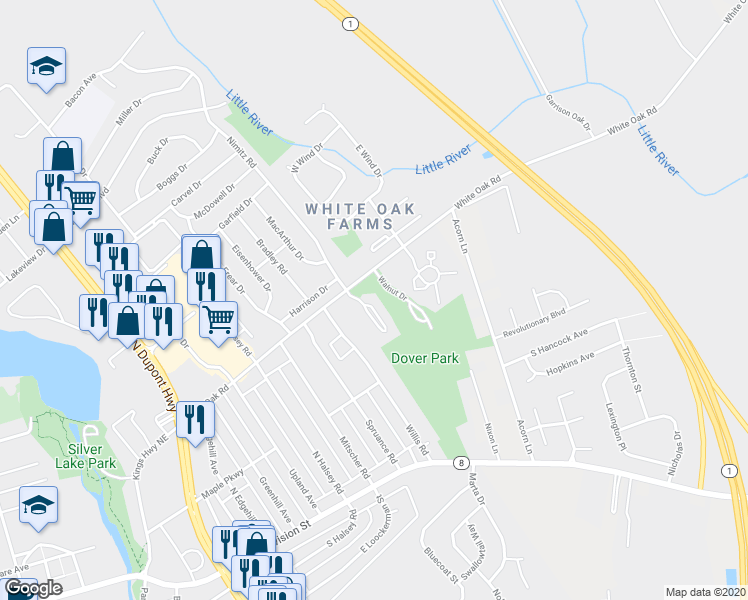 map of restaurants, bars, coffee shops, grocery stores, and more near 12 Rockford Crossing in Dover