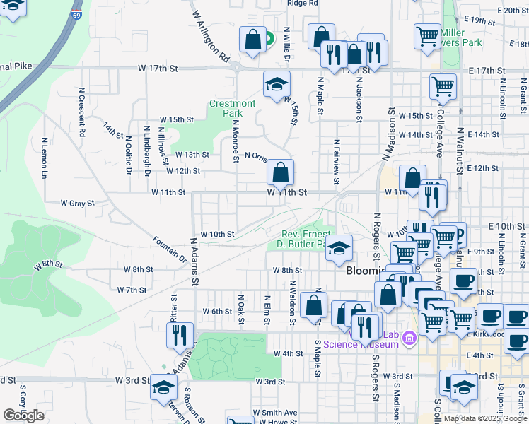 map of restaurants, bars, coffee shops, grocery stores, and more near 1001 West Cottage Grove Avenue in Bloomington