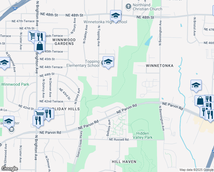 map of restaurants, bars, coffee shops, grocery stores, and more near 6522 Northeast 43 Terrace in Kansas City