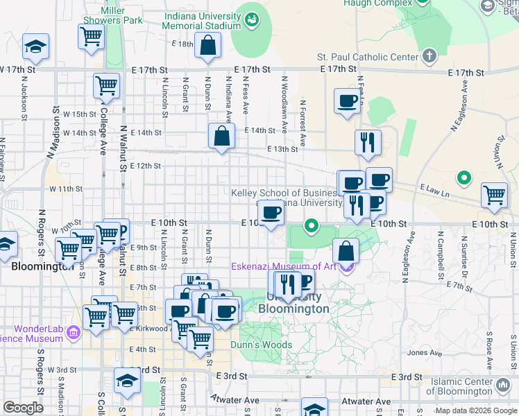 map of restaurants, bars, coffee shops, grocery stores, and more near 803 East Cottage Grove Avenue in Bloomington