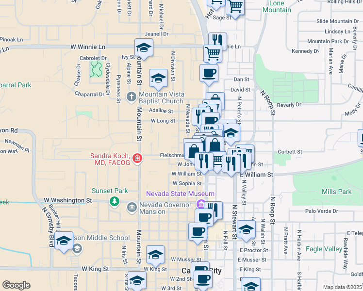 map of restaurants, bars, coffee shops, grocery stores, and more near 309 West Park Street in Carson City