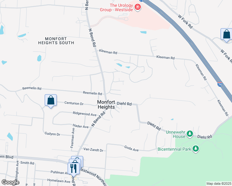 map of restaurants, bars, coffee shops, grocery stores, and more near 3358 Emerald Ridge in Cincinnati