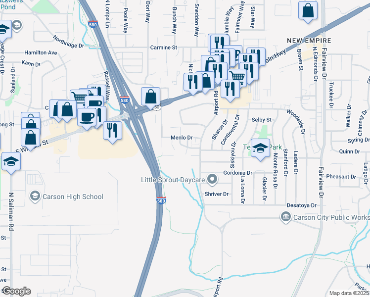 map of restaurants, bars, coffee shops, grocery stores, and more near 1314 S Green Ct in Carson City