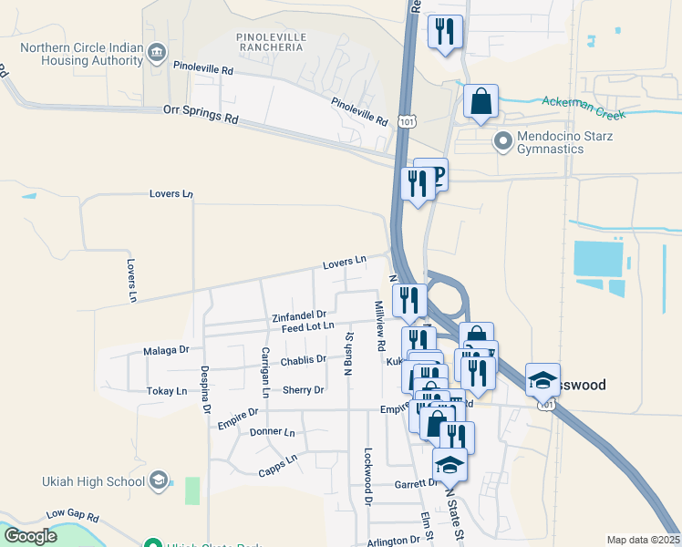 map of restaurants, bars, coffee shops, grocery stores, and more near 251 Lovers Lane in Ukiah