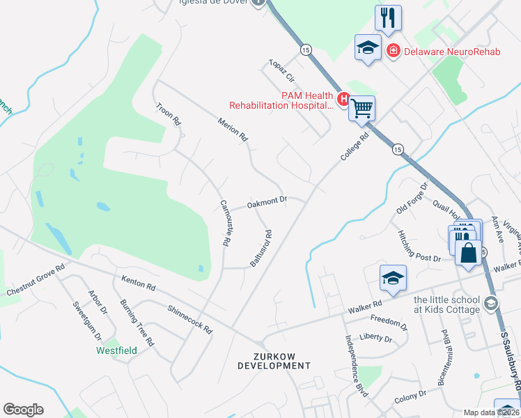 map of restaurants, bars, coffee shops, grocery stores, and more near 36 Oakmont Drive in Dover