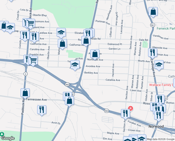 map of restaurants, bars, coffee shops, grocery stores, and more near 1728 Berkley Avenue in Cincinnati
