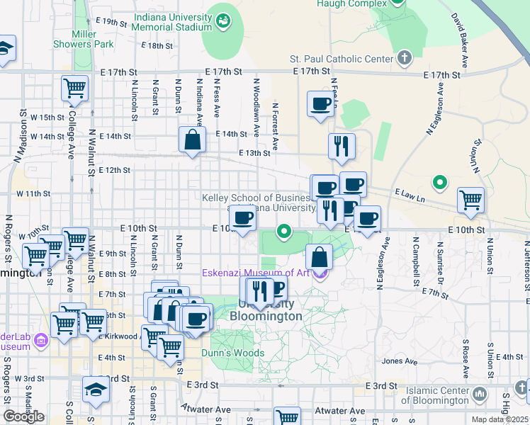 map of restaurants, bars, coffee shops, grocery stores, and more near 902 East Cottage Grove Avenue in Bloomington