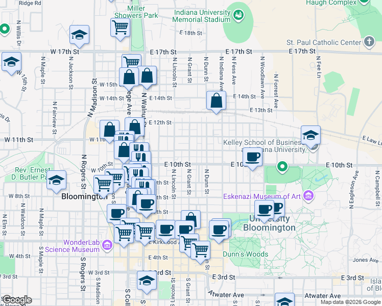 map of restaurants, bars, coffee shops, grocery stores, and more near 414 East Cottage Grove Avenue in Bloomington