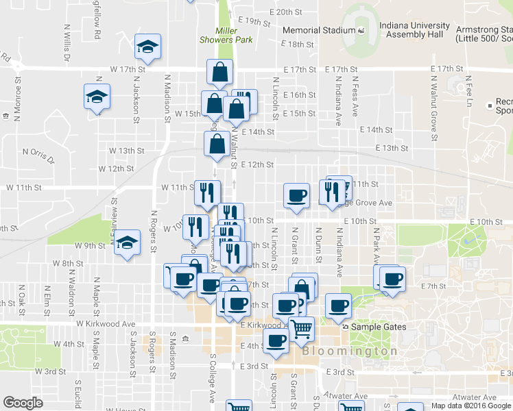 map of restaurants, bars, coffee shops, grocery stores, and more near 212 East Cottage Grove Avenue in Bloomington