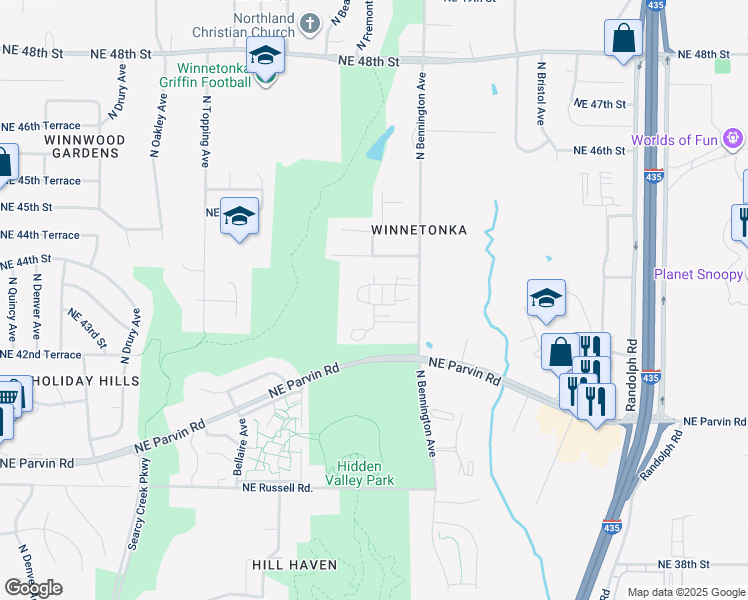 map of restaurants, bars, coffee shops, grocery stores, and more near 6509 Northeast 43rd Terrace in Kansas City