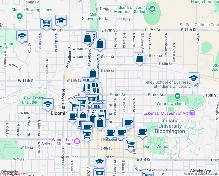 map of restaurants, bars, coffee shops, grocery stores, and more near 212 East Cottage Grove Avenue in Bloomington