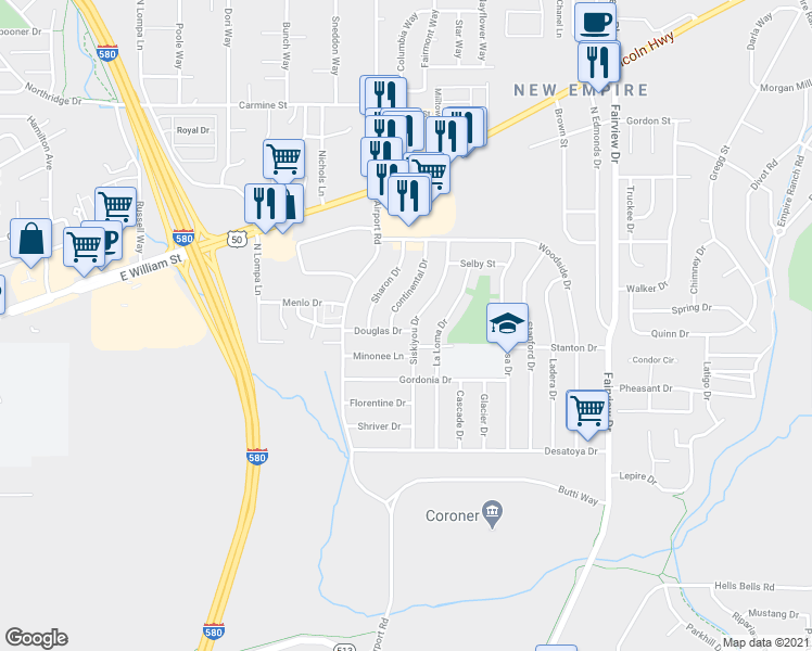 map of restaurants, bars, coffee shops, grocery stores, and more near 3204 Douglas Drive in Carson City