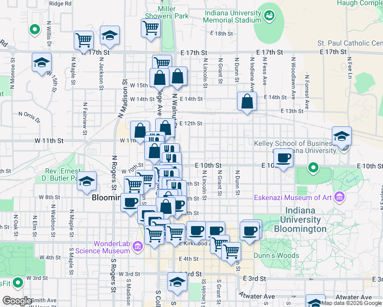 map of restaurants, bars, coffee shops, grocery stores, and more near 212 East Cottage Grove Avenue in Bloomington