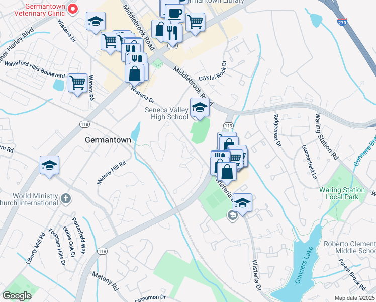 map of restaurants, bars, coffee shops, grocery stores, and more near 19249 Circle Gate Drive in Germantown