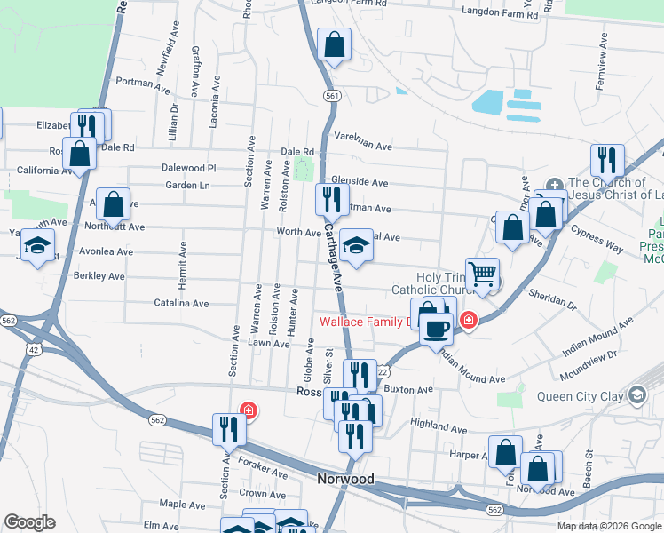 map of restaurants, bars, coffee shops, grocery stores, and more near 5335 Ohio 561 in Norwood