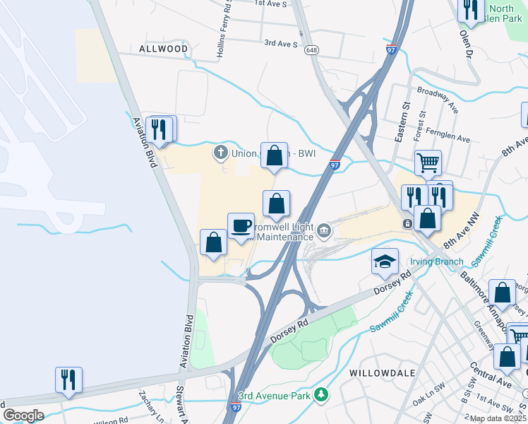 map of restaurants, bars, coffee shops, grocery stores, and more near 889d Airport Park Road in Glen Burnie