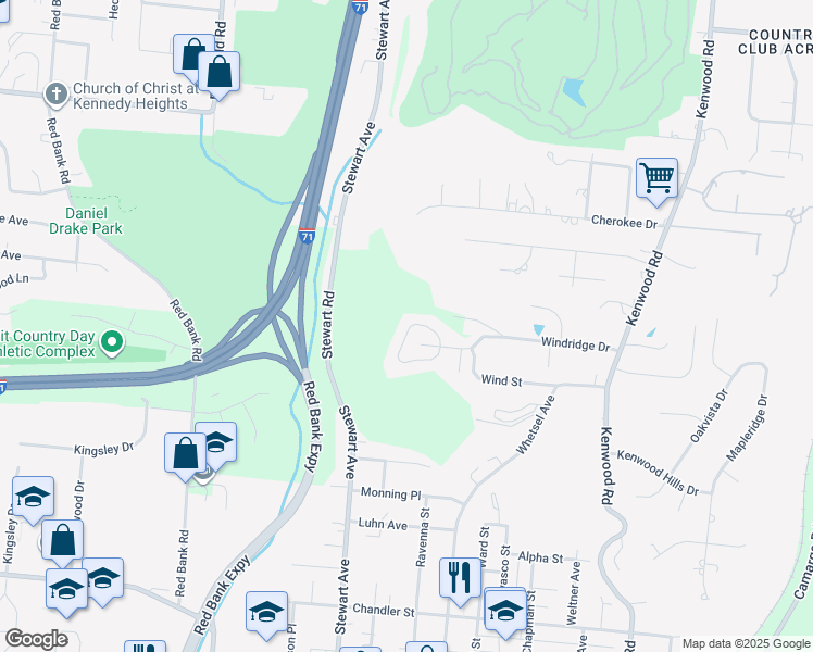 map of restaurants, bars, coffee shops, grocery stores, and more near 5550 Windridge View in Cincinnati