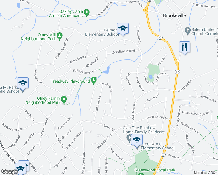 map of restaurants, bars, coffee shops, grocery stores, and more near 19236 Treadway Road in Brookeville