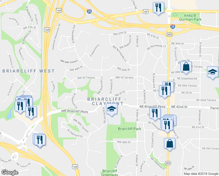 map of restaurants, bars, coffee shops, grocery stores, and more near 4312 North Central Street in Kansas City
