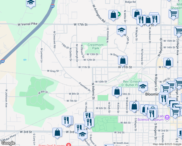 map of restaurants, bars, coffee shops, grocery stores, and more near 631 North Adams Street in Bloomington