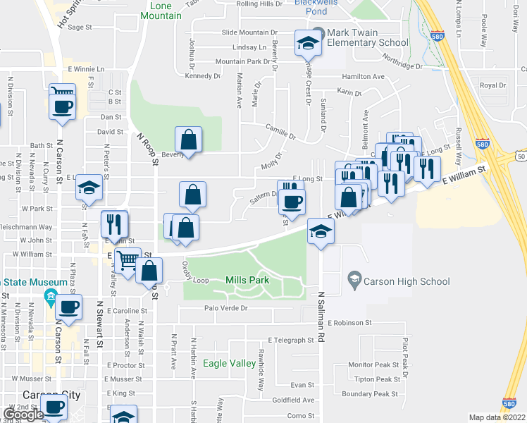 map of restaurants, bars, coffee shops, grocery stores, and more near 1313 Handelin Road in Carson City