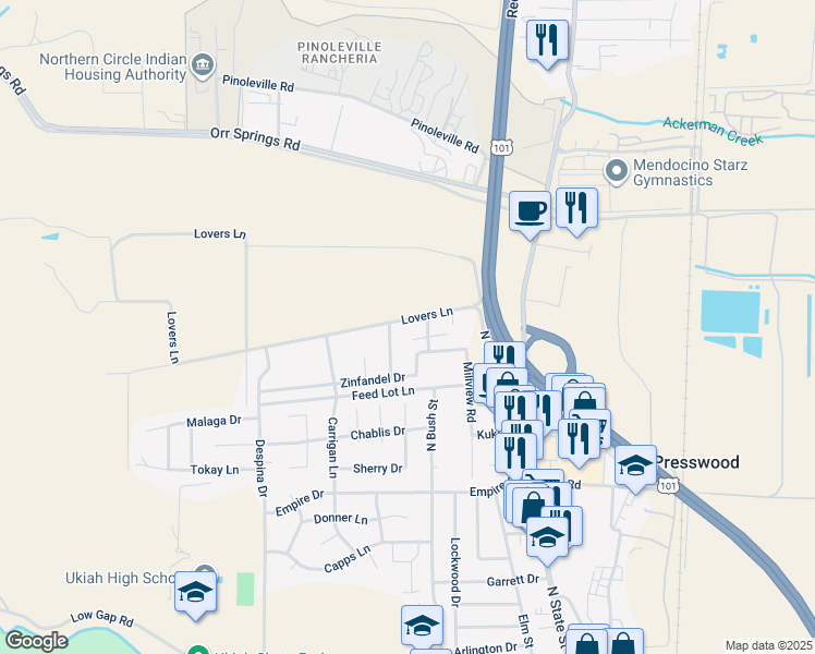 map of restaurants, bars, coffee shops, grocery stores, and more near 251 Lovers Lane in Ukiah