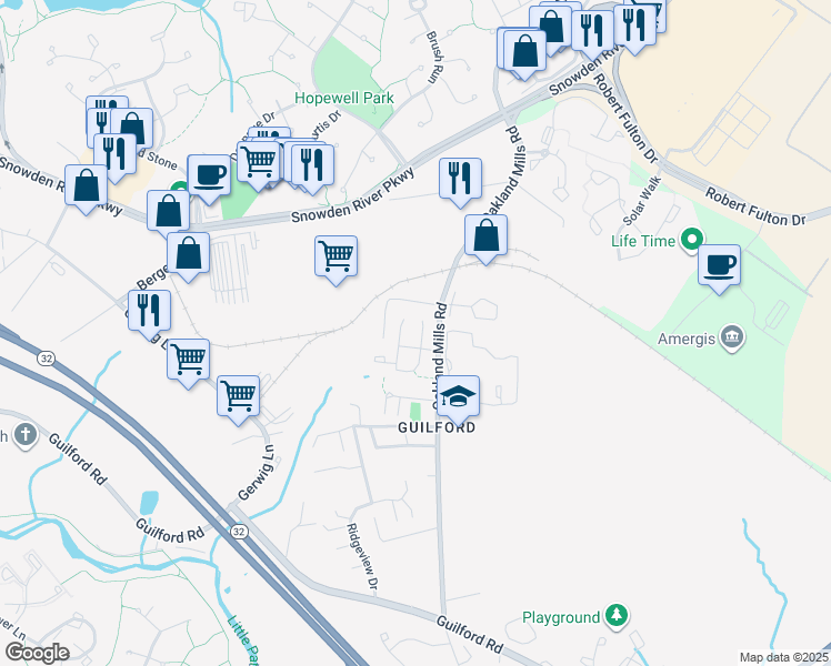 map of restaurants, bars, coffee shops, grocery stores, and more near 9211 Connell Court in Columbia